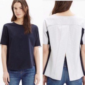 Madewell Navy Blue Oxford Panel Split Back Top with Striped back sz Large